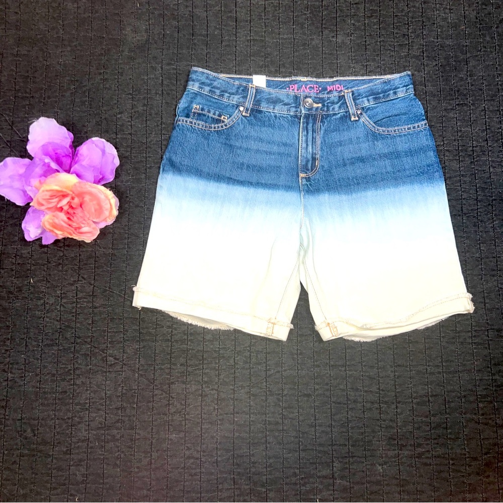 2019 The Children's Place Girl's 2-Tone Denim Midi Cuffed Raw Hem Shorts; 14